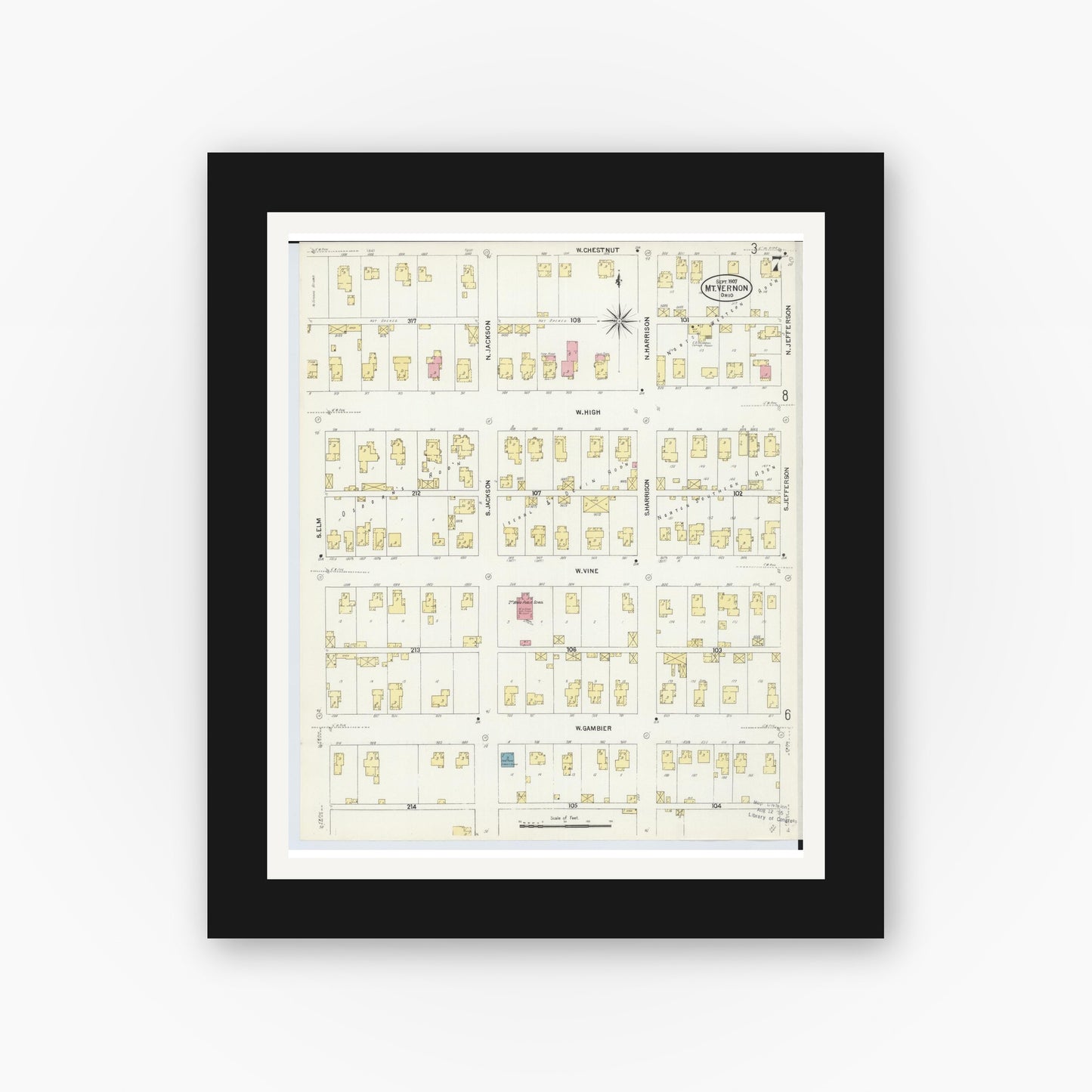 Old map wall art mockup — black gallery frame with white mat — Sanborn Fire Insurance Map from Mount Vernon, Knox County, Ohio (1907), Sheet #0007