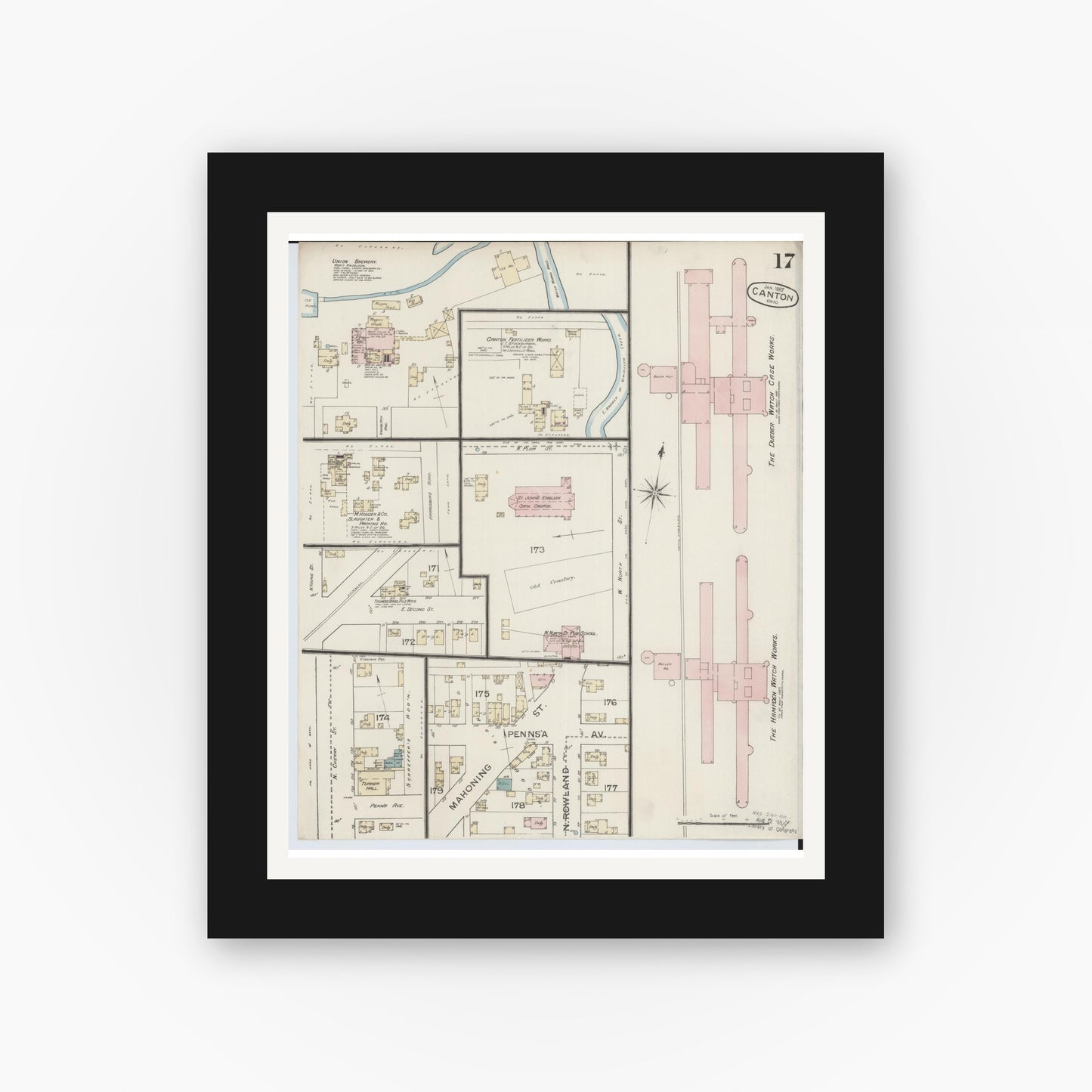 Old map wall art mockup — black gallery frame with white mat — Sanborn Fire Insurance Map from Canton, Stark County, Ohio (1887), Sheet #0017