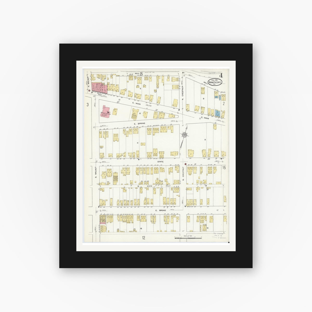 Old map wall art mockup — black gallery frame with white mat — Sanborn Fire Insurance Map from Nanticoke, Luzerne County, Pennsylvania (1912), Sheet #0004