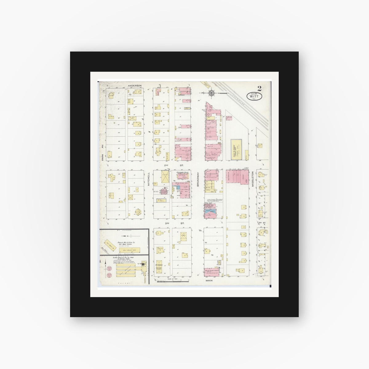 Old map wall art mockup β black gallery frame with white mat β Sanborn Fire Insurance Map from Witt, Montgomery County, Illinois (1914), Sheet #0002