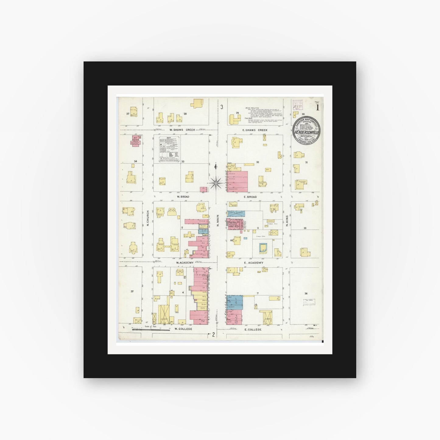 Old map wall art mockup — black gallery frame with white mat — Sanborn Fire Insurance Map from Hendersonville, Henderson County, North Carolina (1908), Sheet #0001