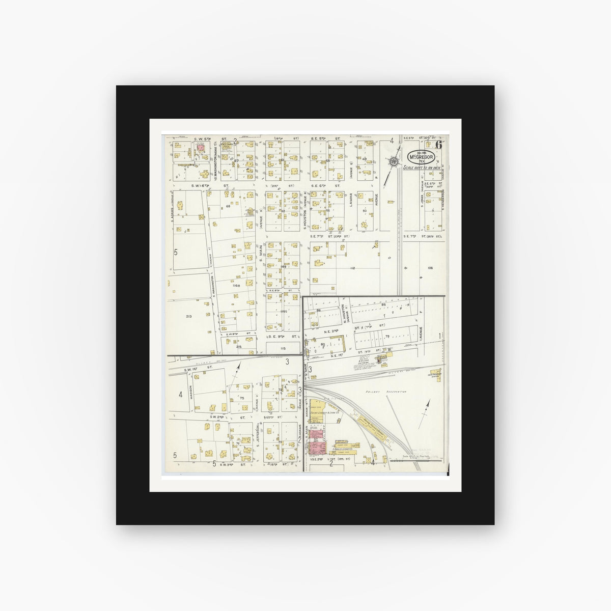 Old map wall art mockup — black gallery frame with white mat — Sanborn Fire Insurance Map from McGregor, McLennan County, Texas (1915), Sheet #0006