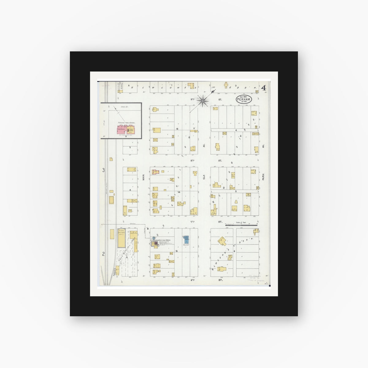 Old map wall art mockup — black gallery frame with white mat — Sanborn Fire Insurance Map from Perham, Otter Tail County, Minnesota (1904), Sheet #0004