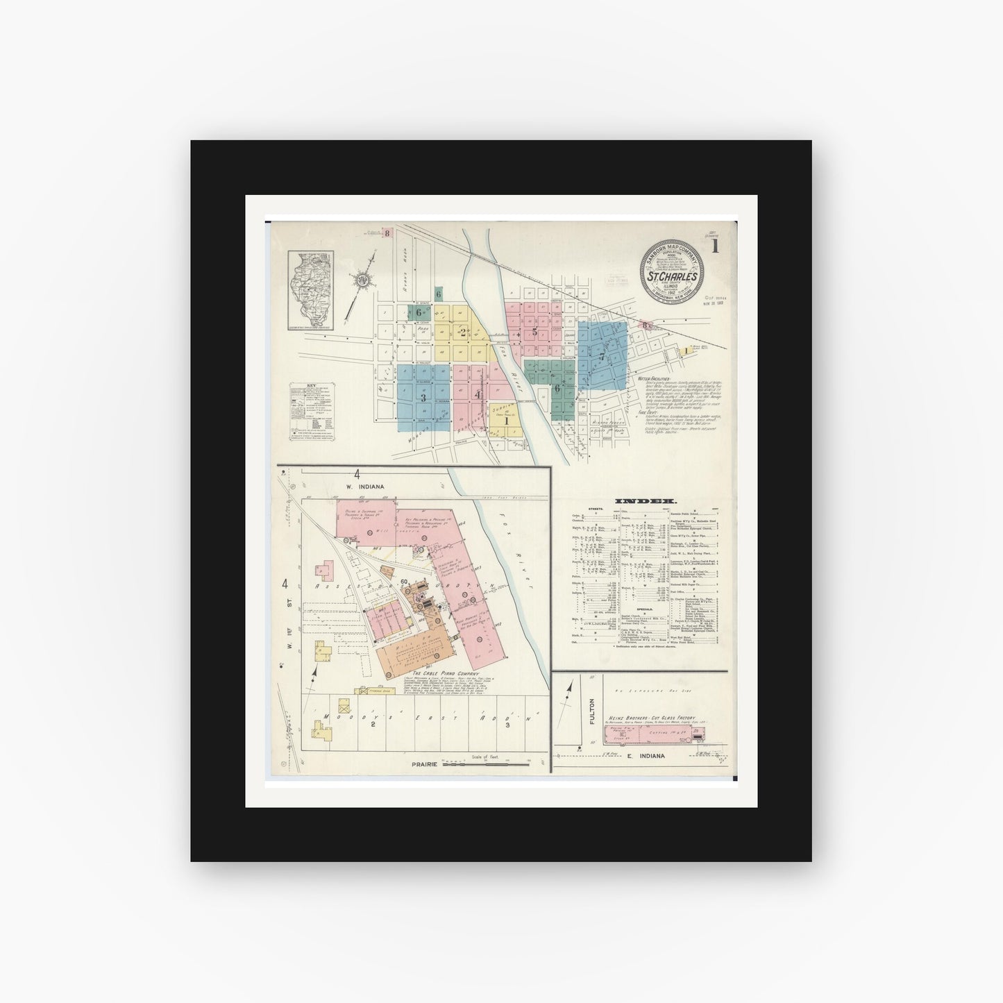 Old map wall art mockup — black gallery frame with white mat — Sanborn Fire Insurance Map from Saint Charles, Kane County, Illinois (1912), Sheet #0001