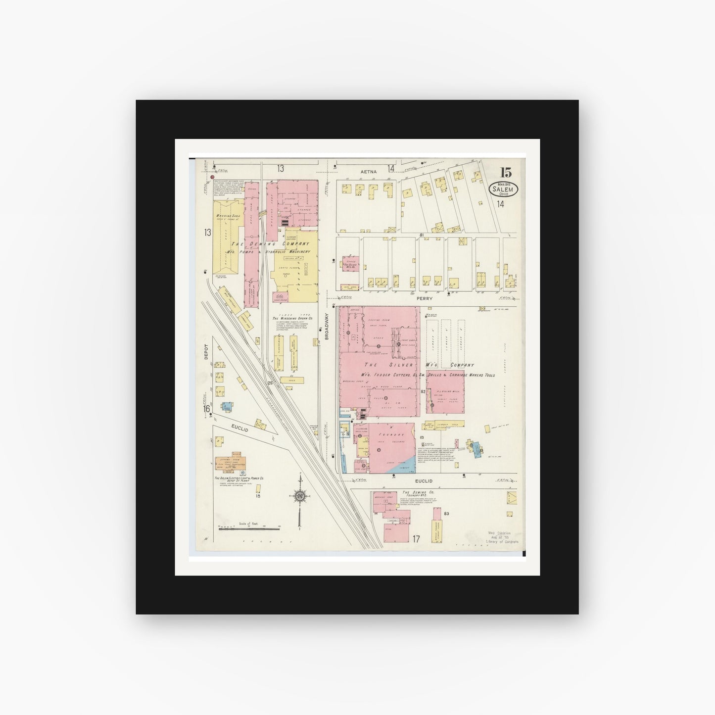 Old map wall art mockup — black gallery frame with white mat — Sanborn Fire Insurance Map from Salem, Columbiana County, Ohio (1915), Sheet #0015