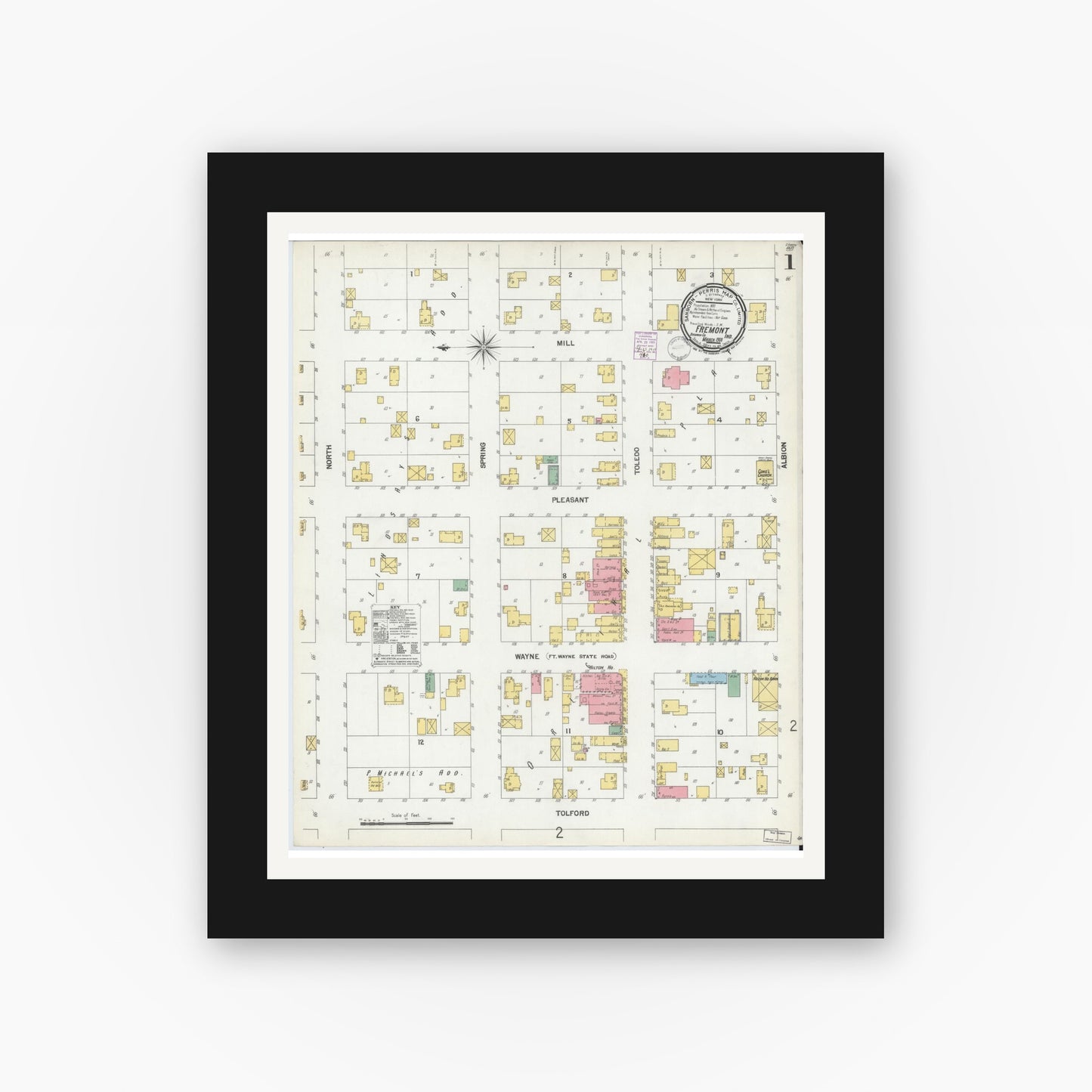 Old map wall art mockup — black gallery frame with white mat — Sanborn Fire Insurance Map from Fremont, Steuben County, Indiana (1901) - Complete Map Set