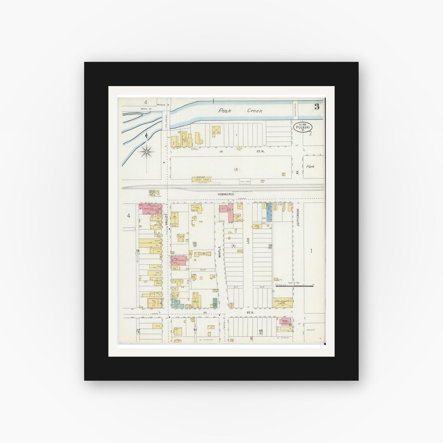 Old map wall art mockup — black gallery frame with white mat — Sanborn Fire Insurance Map from Pulaski, Pulaski County, Virginia (1898), Sheet #0003