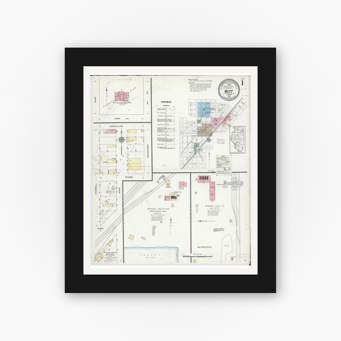 Old map wall art mockup — black gallery frame with white mat — Sanborn Fire Insurance Map from Witt, Montgomery County, Illinois (1914), Sheet #0001