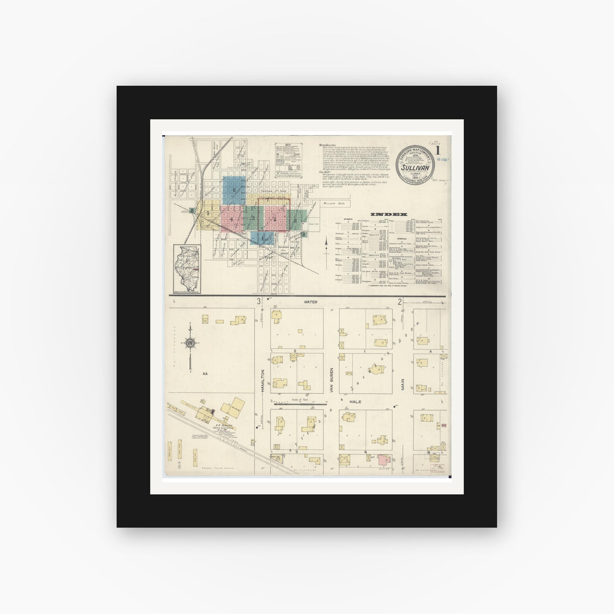 Old map wall art mockup β black gallery frame with white mat β Sanborn Fire Insurance Map from Sullivan, Moultrie County, Illinois (1914), Sheet #0001
