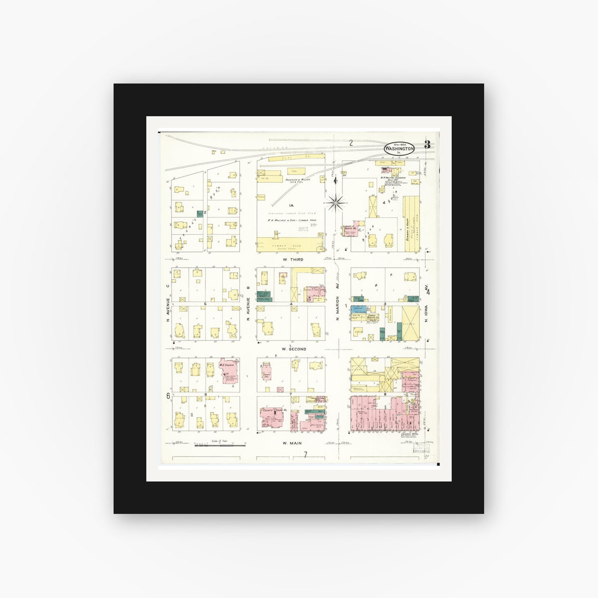 Old map wall art mockup — black gallery frame with white mat — Sanborn Fire Insurance Map from Washington, Washington County, Iowa (1909), Sheet #0003