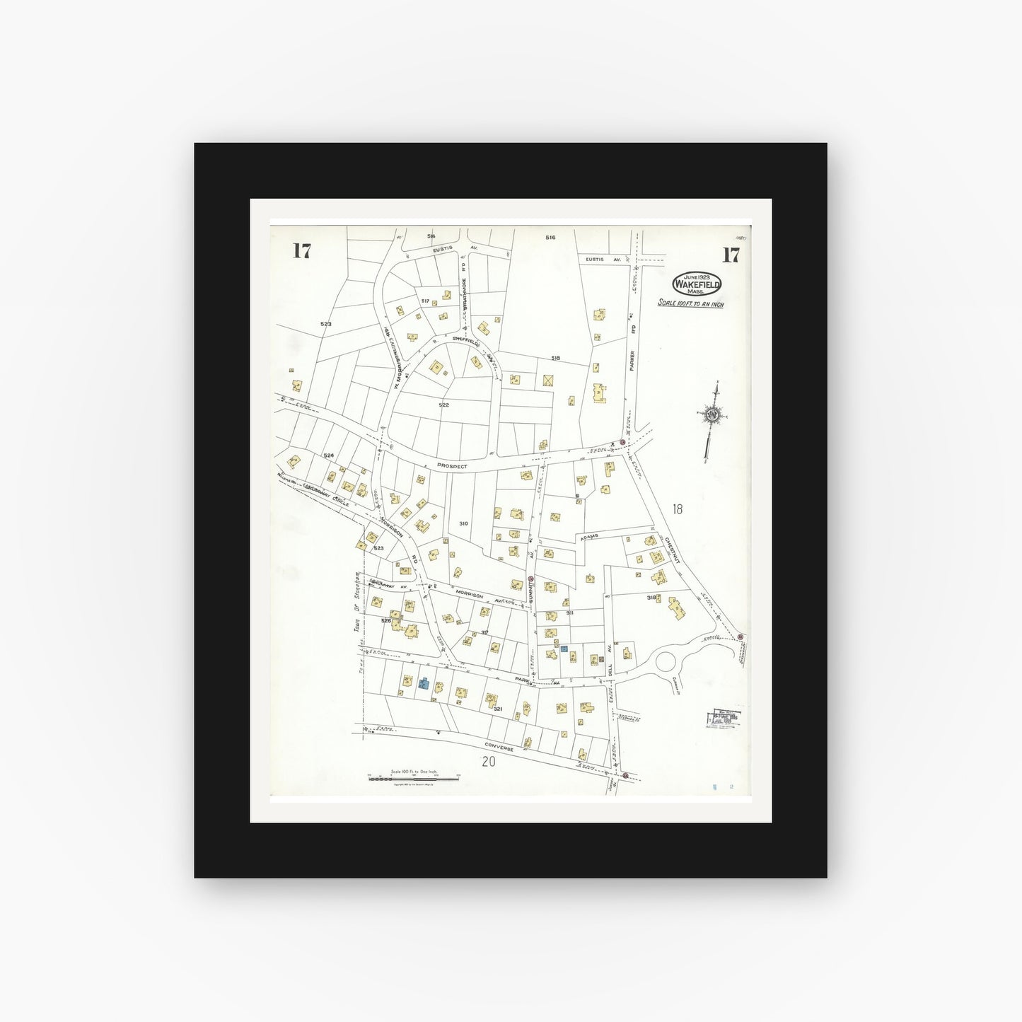 Old map wall art mockup — black gallery frame with white mat — Sanborn Fire Insurance Map from Wakefield, Middlesex County, Massachusetts (1923), Sheet #0017