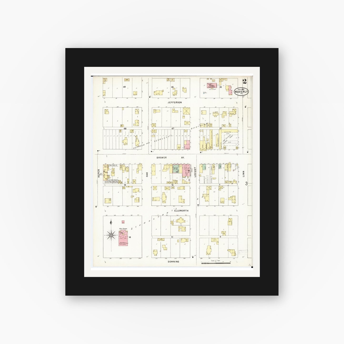 Old map wall art mockup — black gallery frame with white mat — Sanborn Fire Insurance Map from Waverly, Bremer County, Iowa (1897), Sheet #0002