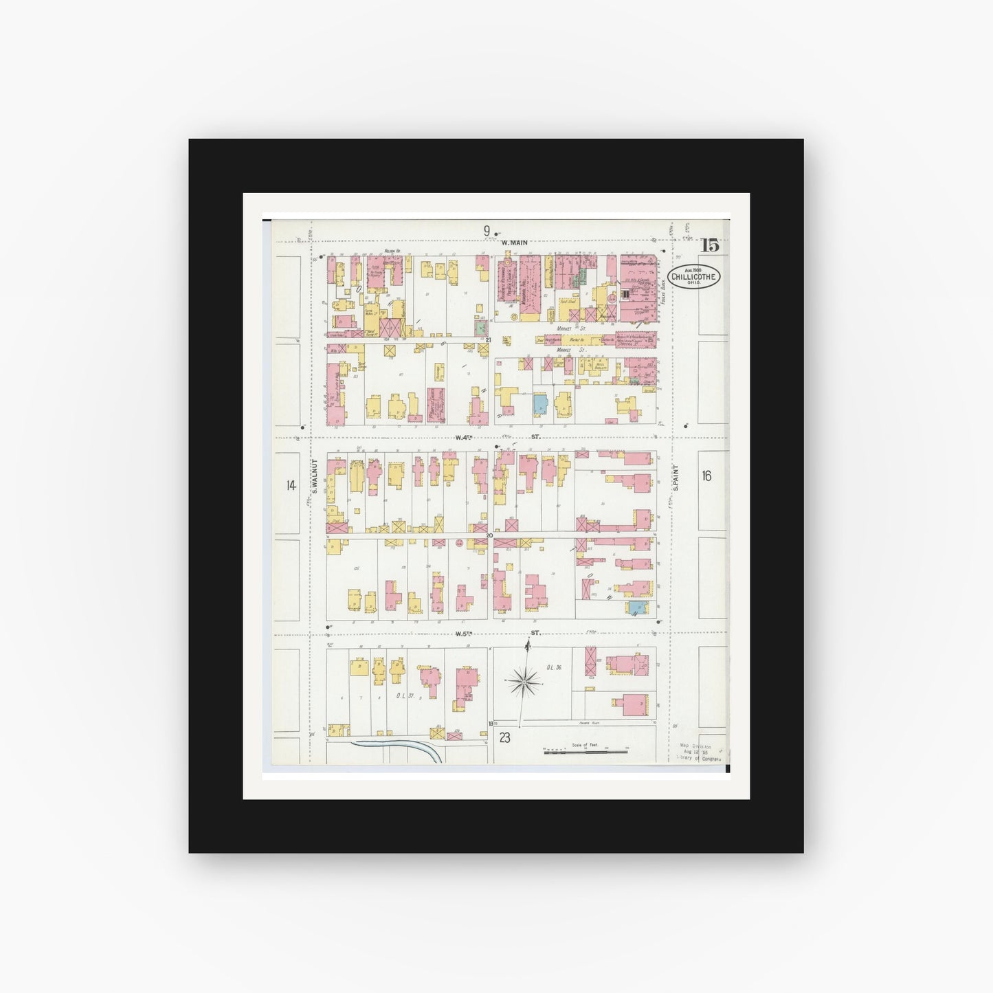 Old map wall art mockup — black gallery frame with white mat — Sanborn Fire Insurance Map from Chillicothe, Ross County, Ohio (1900), Sheet #0015