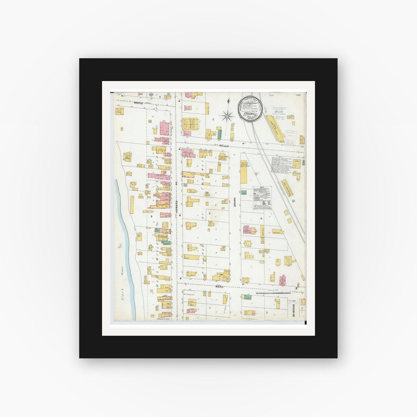 Old map wall art mockup — black gallery frame with white mat — Sanborn Fire Insurance Map from Croswell, Sanilac County, Michigan (1900), Sheet #0001