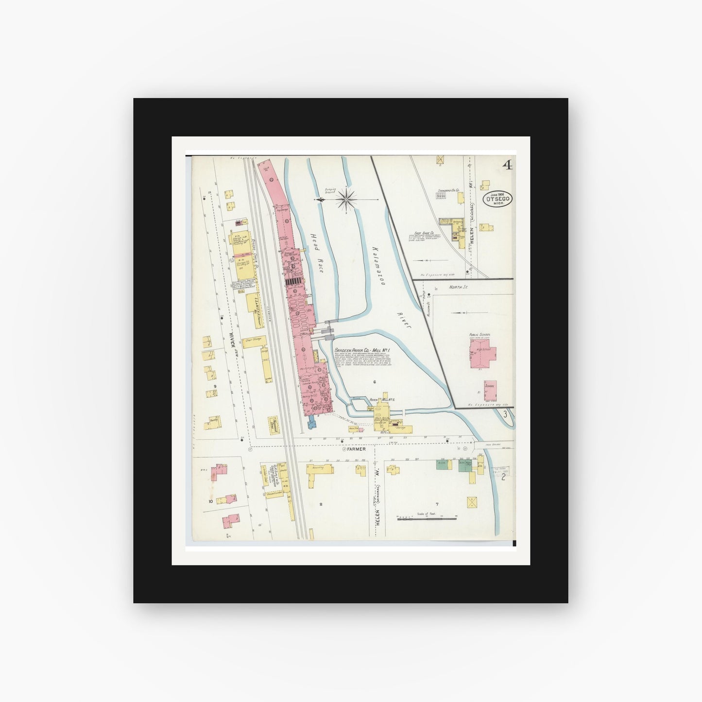 Old map wall art mockup — black gallery frame with white mat — Sanborn Fire Insurance Map from Otsego, Allegan County, Michigan (1906), Sheet #0004