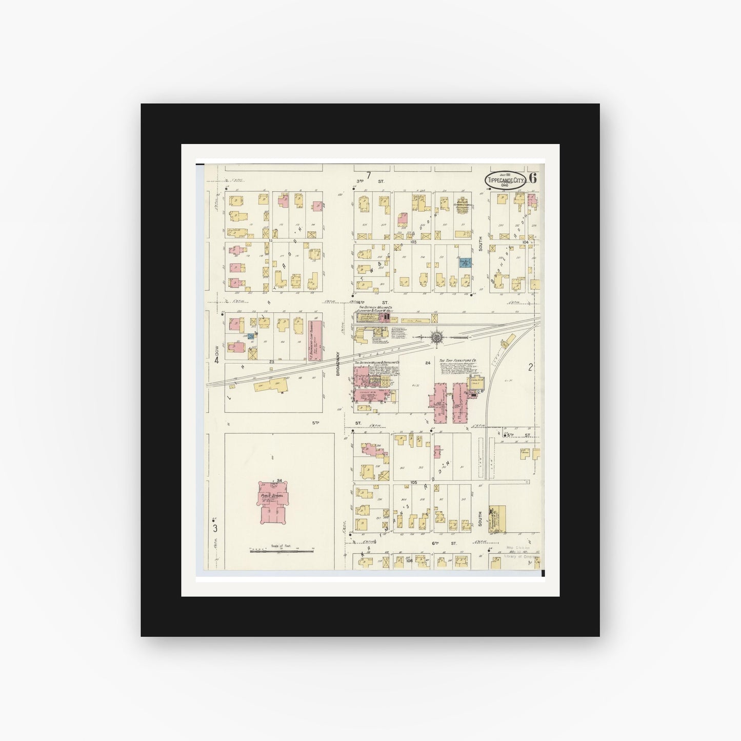 Old map wall art mockup — black gallery frame with white mat — Sanborn Fire Insurance Map from Tipp City, Miami County, Ohio (1911), Sheet #0006
