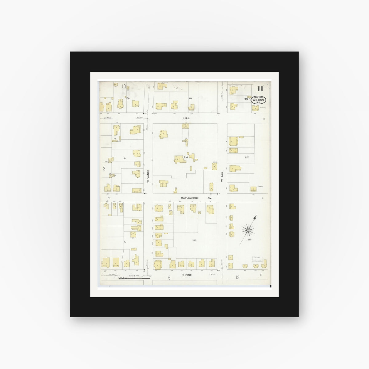 Old map wall art mockup — black gallery frame with white mat — Sanborn Fire Insurance Map from Wilson, Wilson County, North Carolina (1908), Sheet #0011
