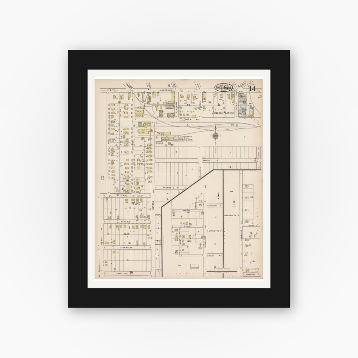 Old map wall art mockup — black gallery frame with white mat — Sanborn Fire Insurance Map from Fort Myers, Lee County, Florida (1922), Sheet #0014