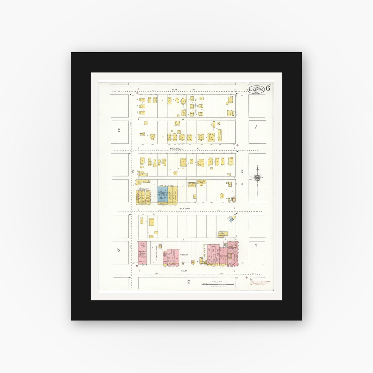 Old map wall art mockup — black gallery frame with white mat — Sanborn Fire Insurance Map from El Centro, Imperial County, California (1922), Sheet #0006