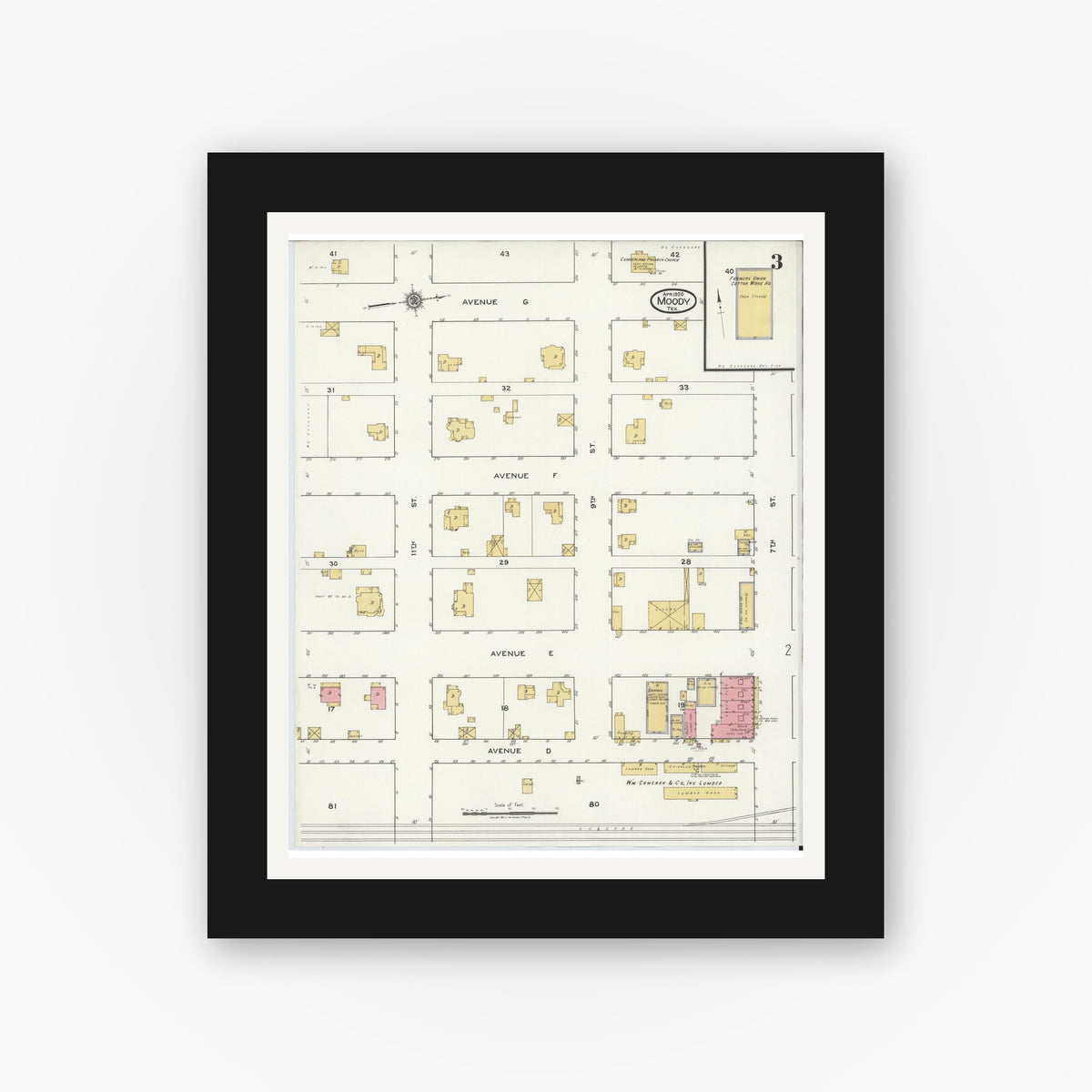 Old map wall art mockup — black gallery frame with white mat — Sanborn Fire Insurance Map from Moody, McLennan County, Texas (1920), Sheet #0003