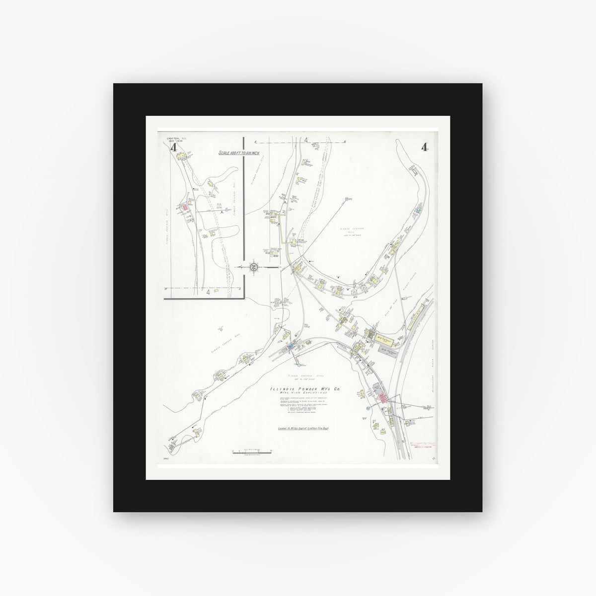 Old map wall art mockup — black gallery frame with white mat — Sanborn Fire Insurance Map from Grafton, Jersey County, Illinois (1936), Sheet #0004