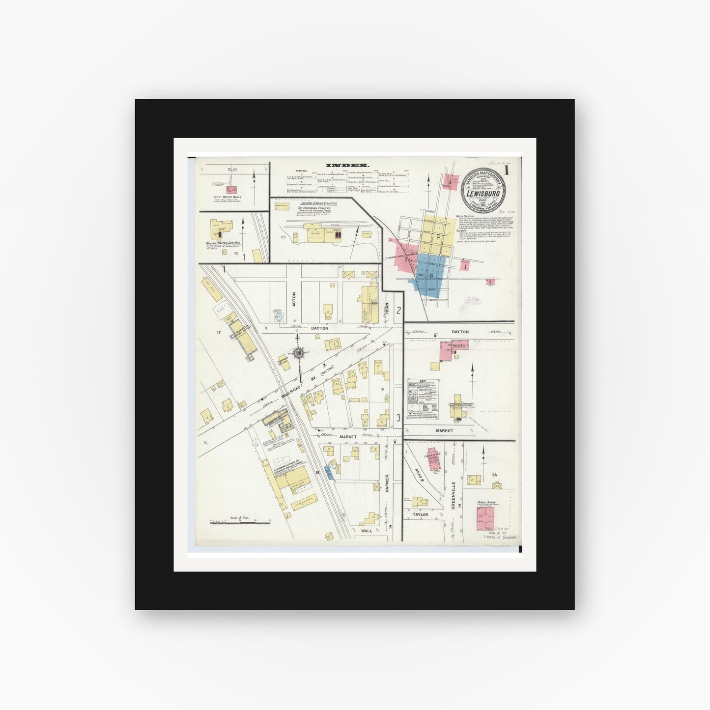 Old map wall art mockup — black gallery frame with white mat — Sanborn Fire Insurance Map from Lewisburg, Preble County, Ohio (1911), Sheet #0001