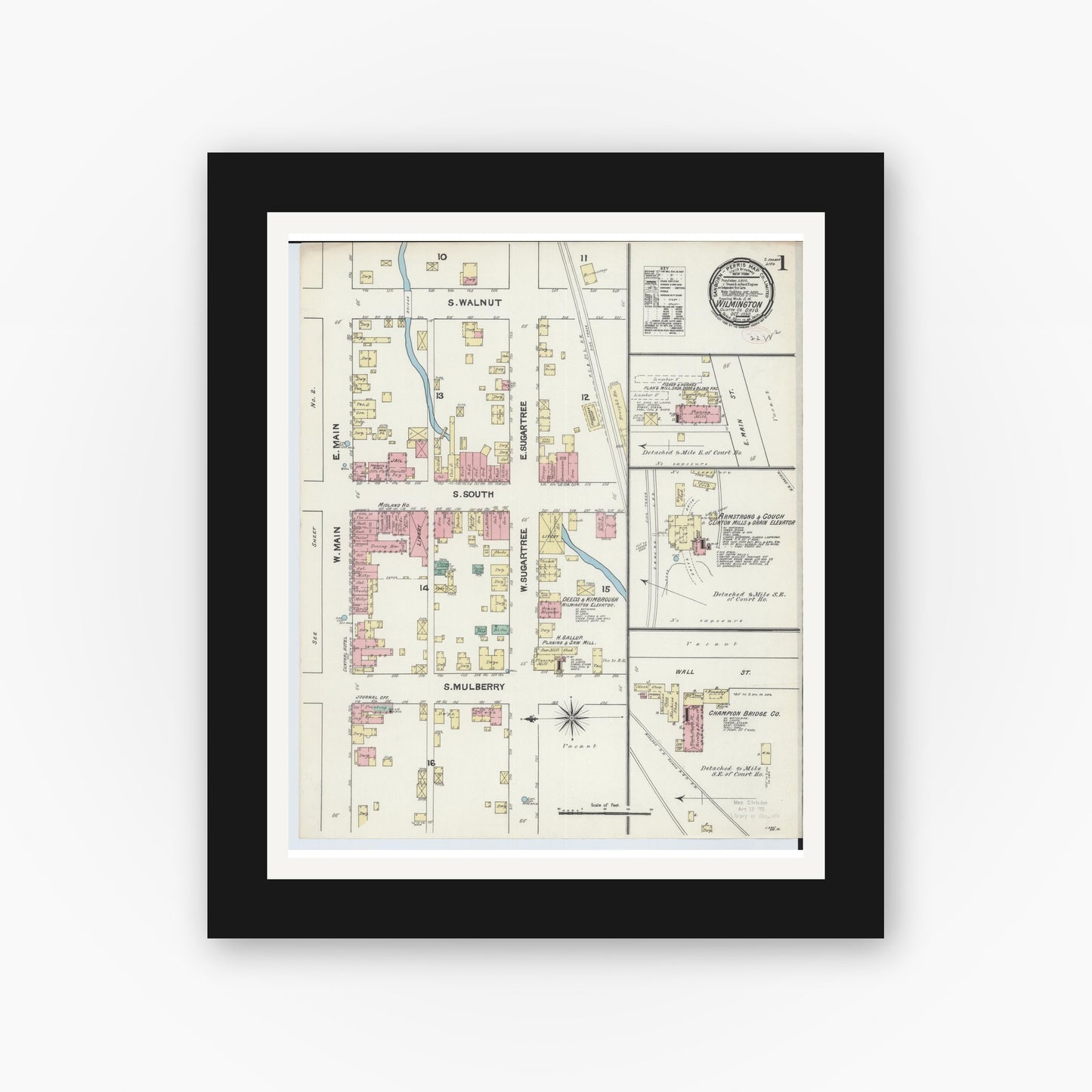 Old map wall art mockup — black gallery frame with white mat — Sanborn Fire Insurance Map from Wilmington, Clinton County, Ohio (1890), Sheet #0001