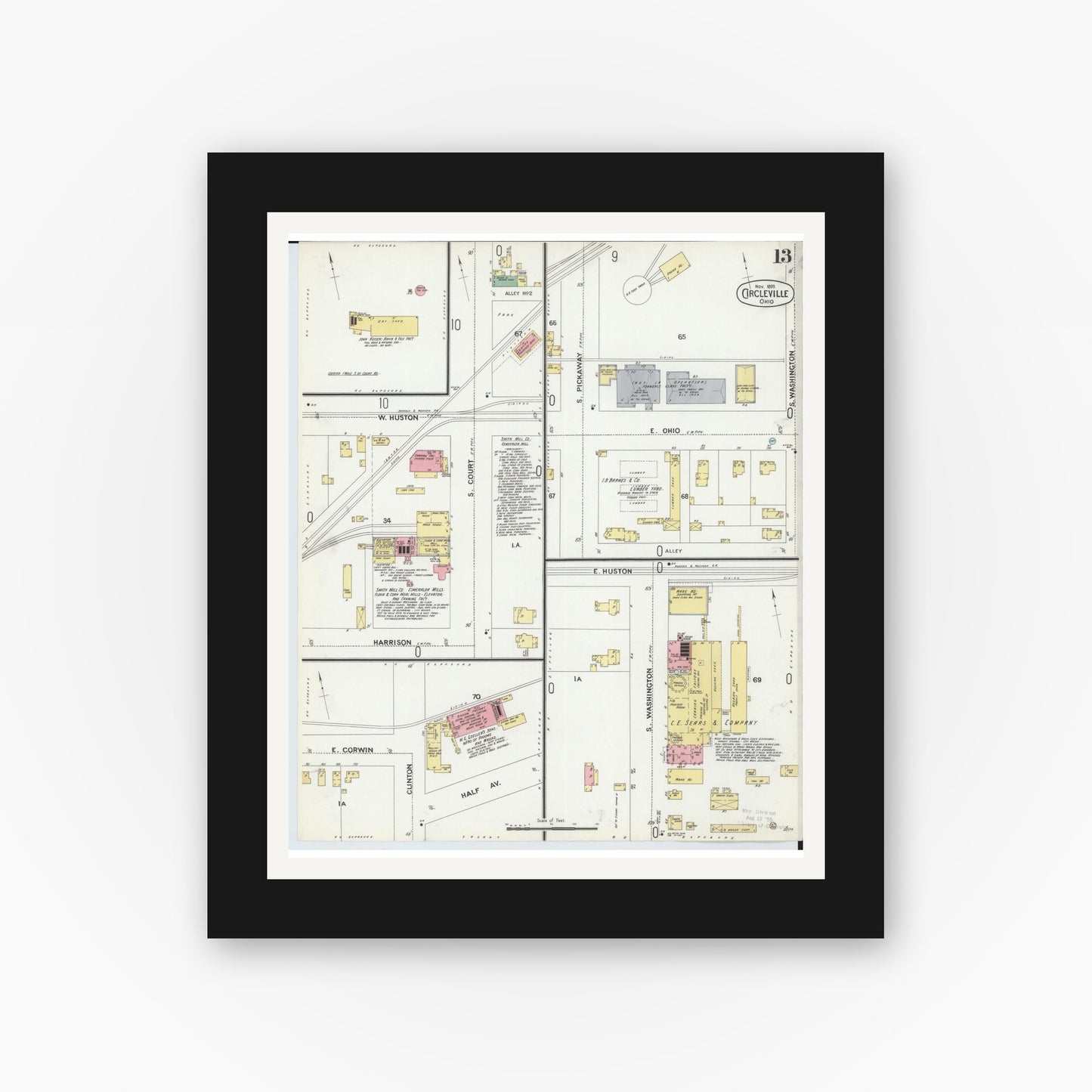 Old map wall art mockup — black gallery frame with white mat — Sanborn Fire Insurance Map from Circleville, Pickaway County, Ohio (1899), Sheet #0013
