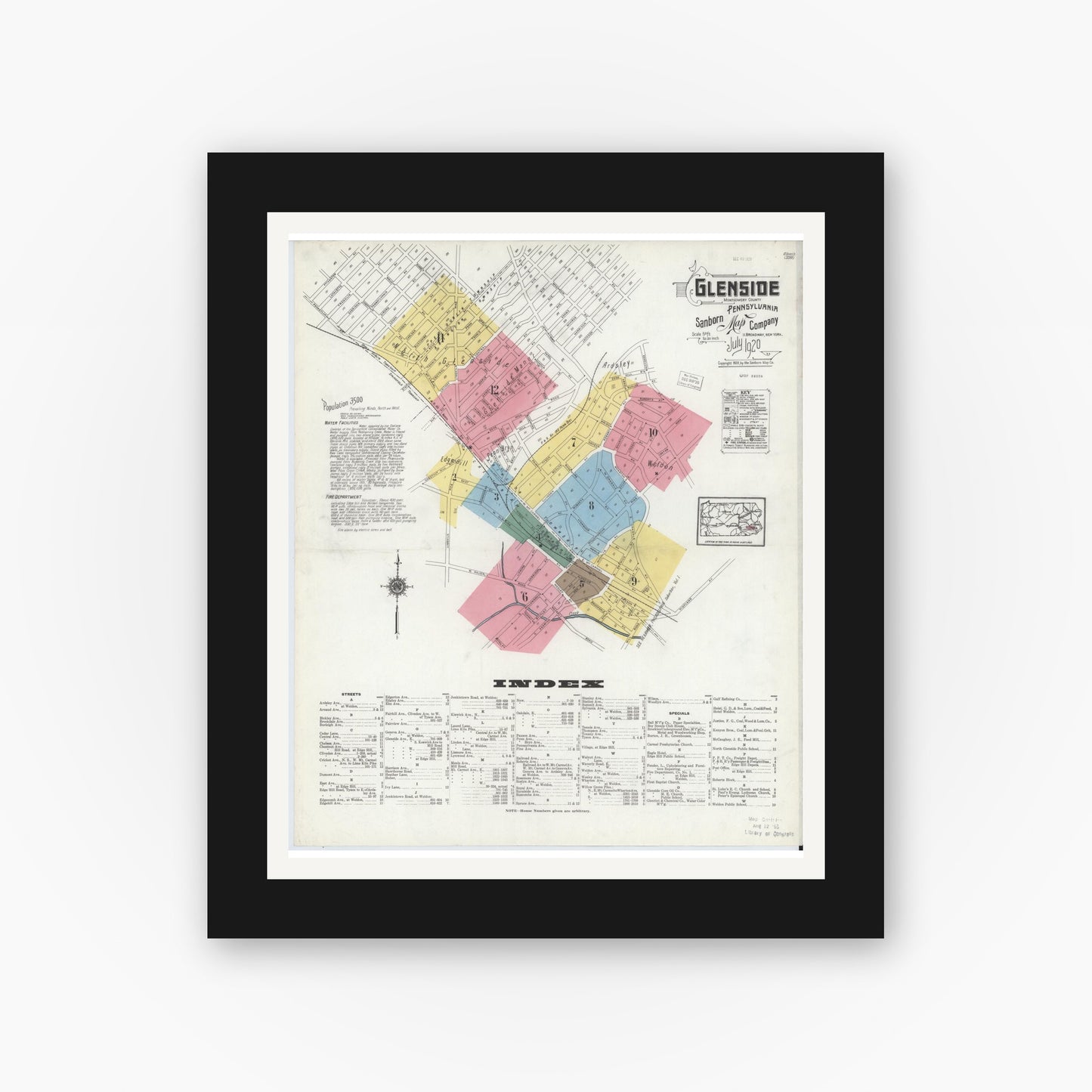 Old map wall art mockup — black gallery frame with white mat — Sanborn Fire Insurance Map from Glenside, Montgomery County, Pennsylvania (1920), Sheet #0001