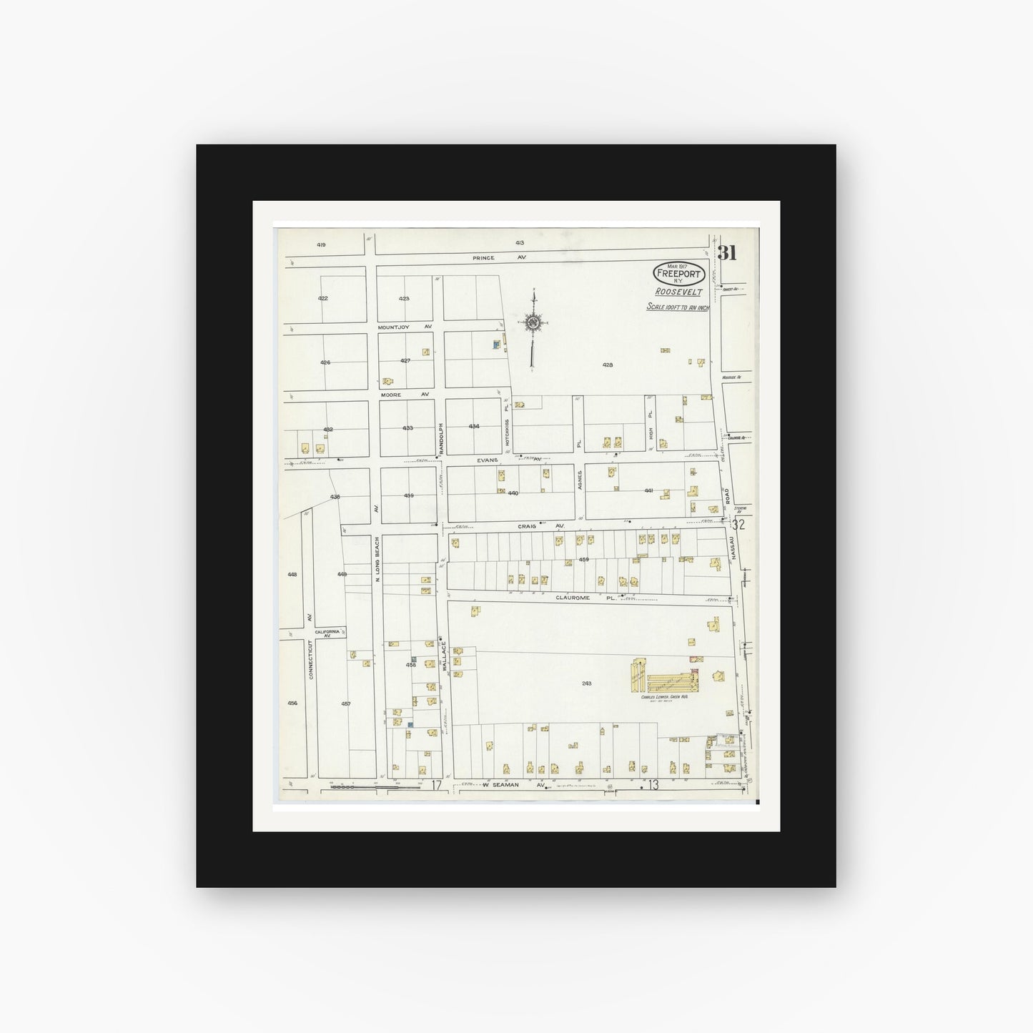 Old map wall art mockup — black gallery frame with white mat — Sanborn Fire Insurance Map from Freeport, Nassau County, New York (1917), Sheet #0031