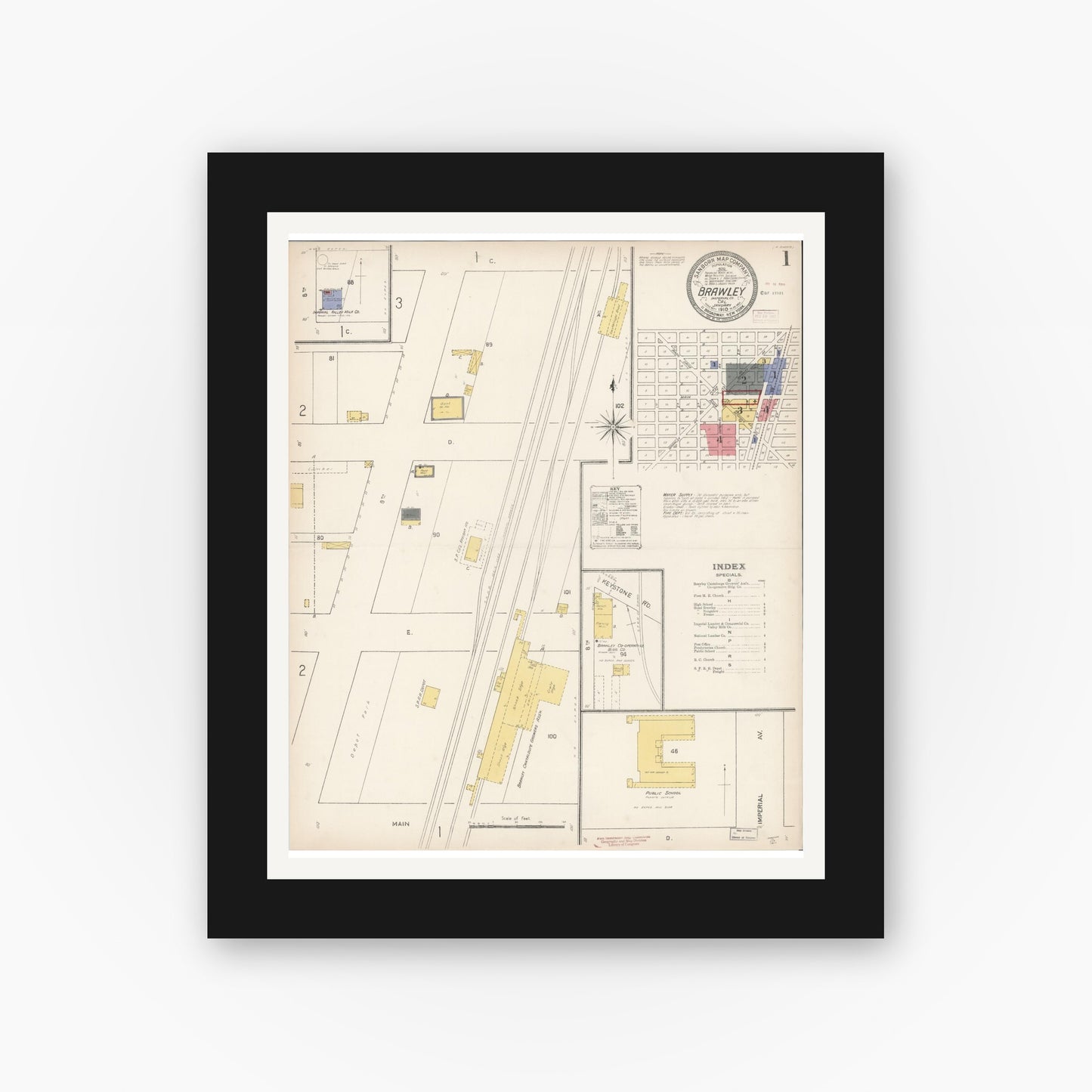 Old map wall art mockup — black gallery frame with white mat — Sanborn Fire Insurance Map from Brawley, Imperial County, California (1910), Sheet #0001