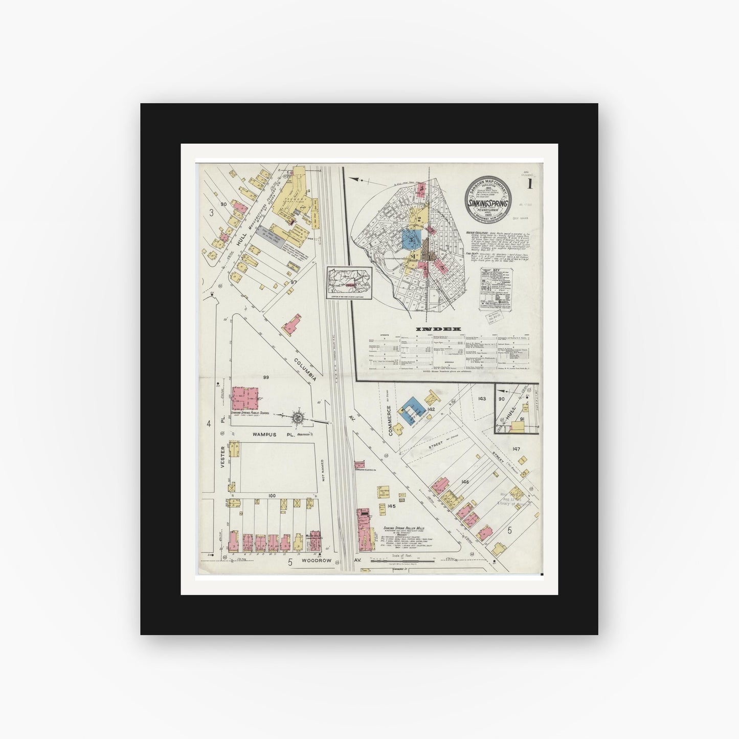 Old map wall art mockup — black gallery frame with white mat — Sanborn Fire Insurance Map from Sinking Spring, Berks County, Pennsylvania (1920), Sheet #0001