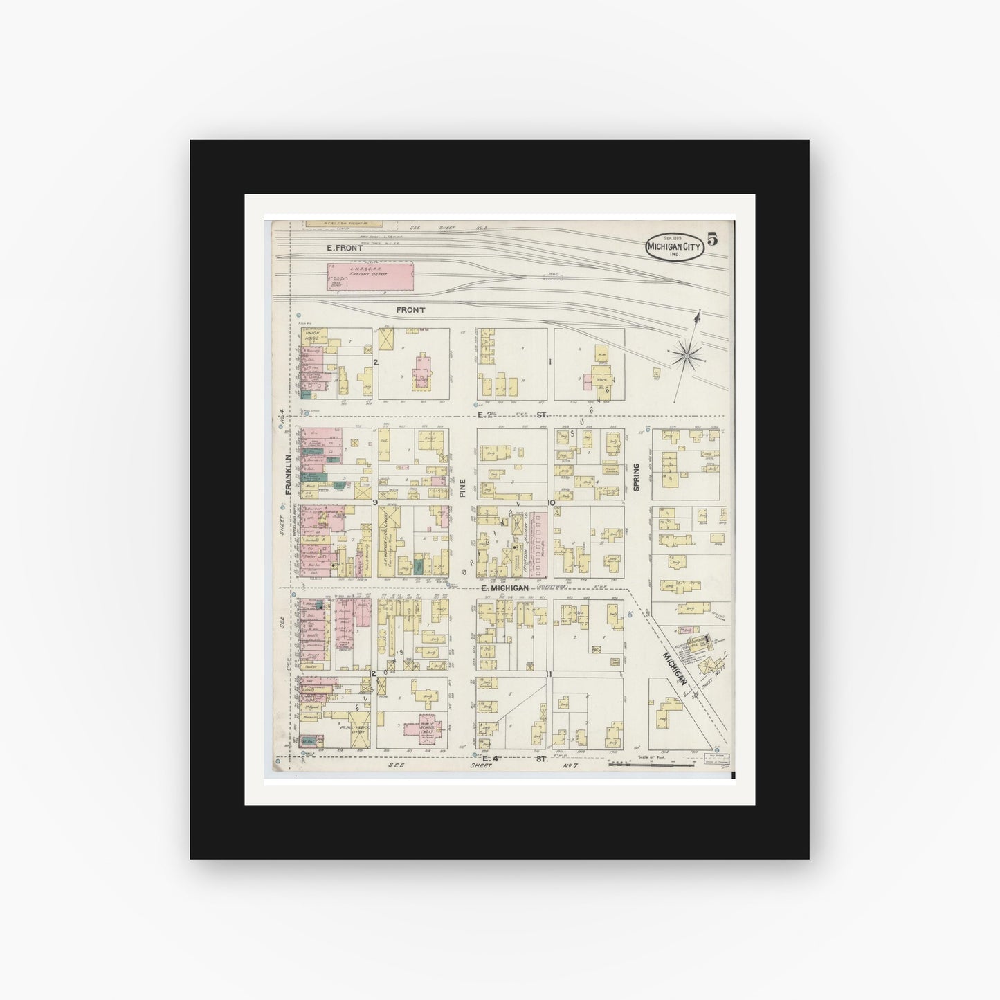 Old map wall art mockup — black gallery frame with white mat — Sanborn Fire Insurance Map from Michigan City, La Porte County, Indiana (1889), Sheet #0005