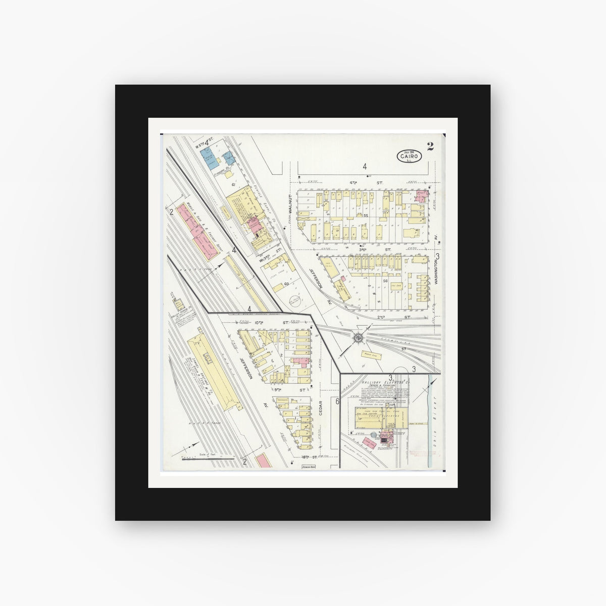Old map wall art mockup — black gallery frame with white mat — Sanborn Fire Insurance Map from Cairo, Alexander County, Illinois (1914), Sheet #0002