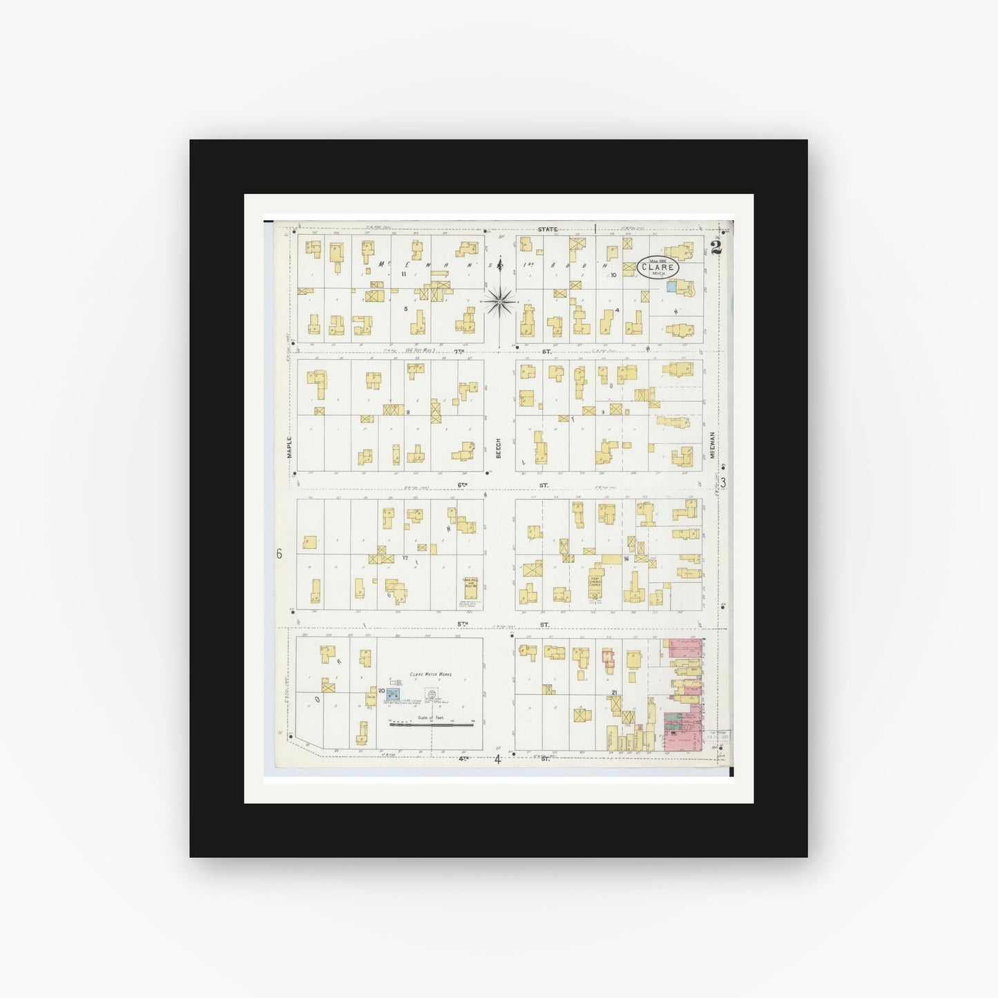 Old map wall art mockup — black gallery frame with white mat — Sanborn Fire Insurance Map from Clare, Clare County, Michigan (1906), Sheet #0002