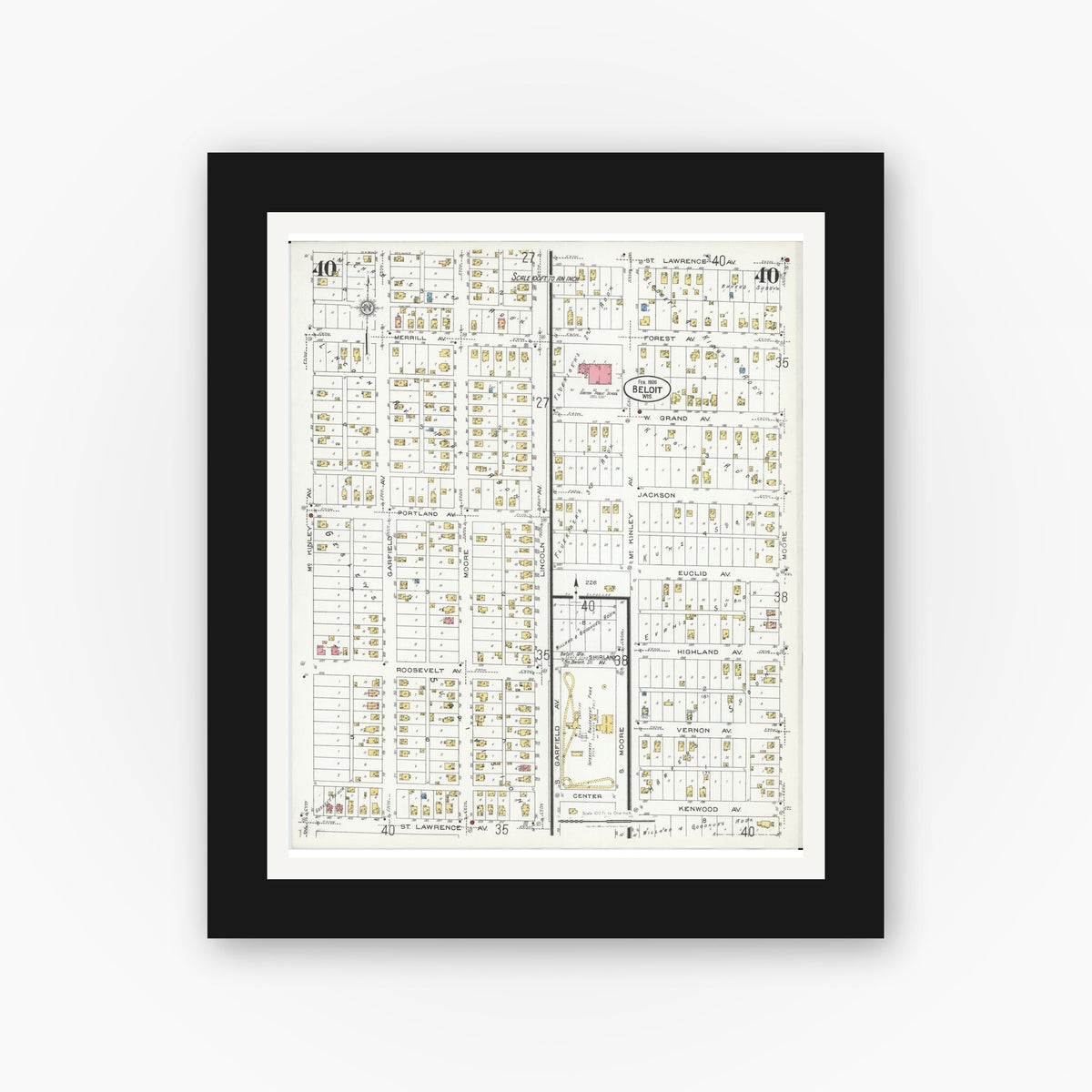 Old map wall art mockup — black gallery frame with white mat — Sanborn Fire Insurance Map from Beloit, Rock County, Wisconsin (1926), Sheet #0040
