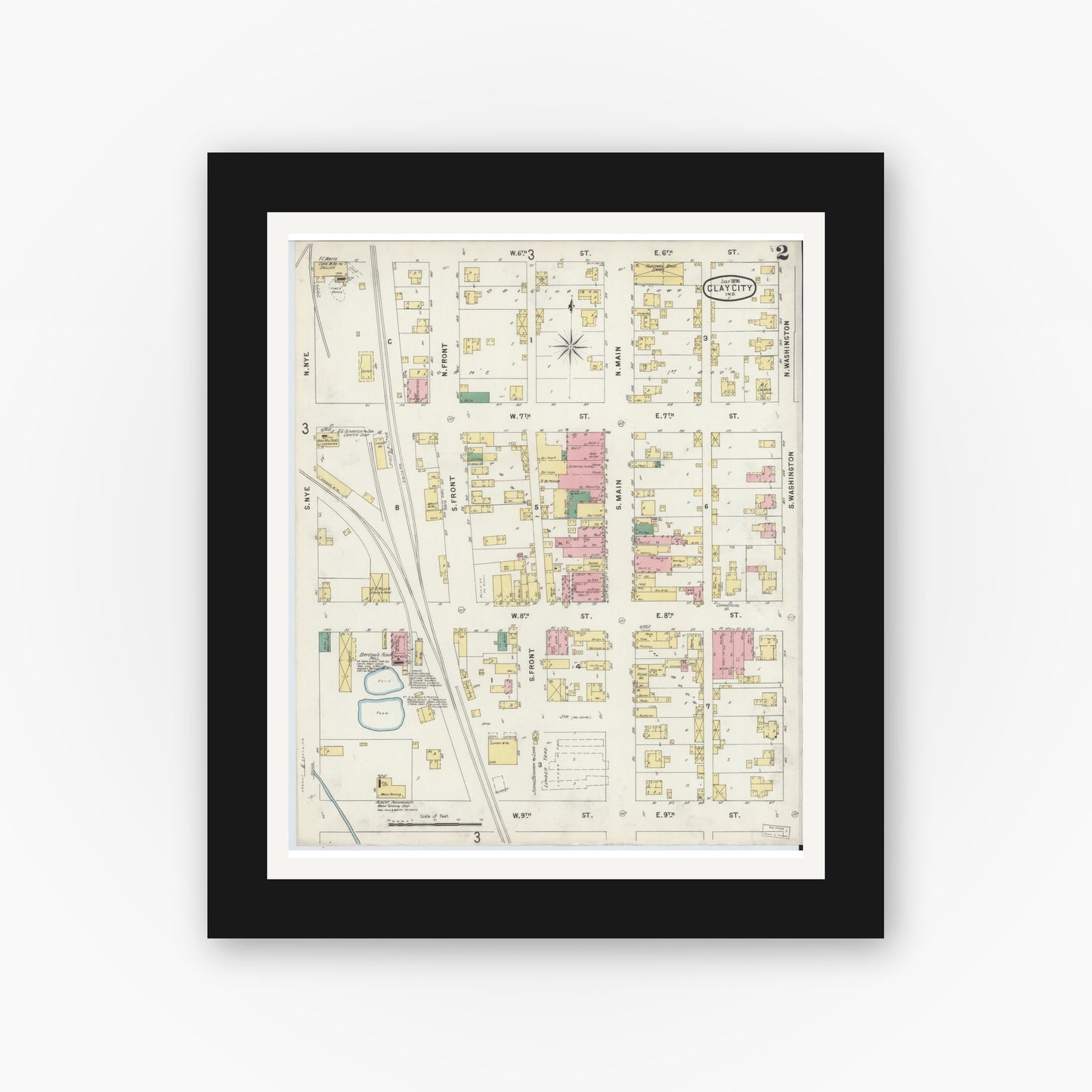 Old map wall art mockup — black gallery frame with white mat — Sanborn Fire Insurance Map from Clay City, Clay County, Indiana (1896), Sheet #0002