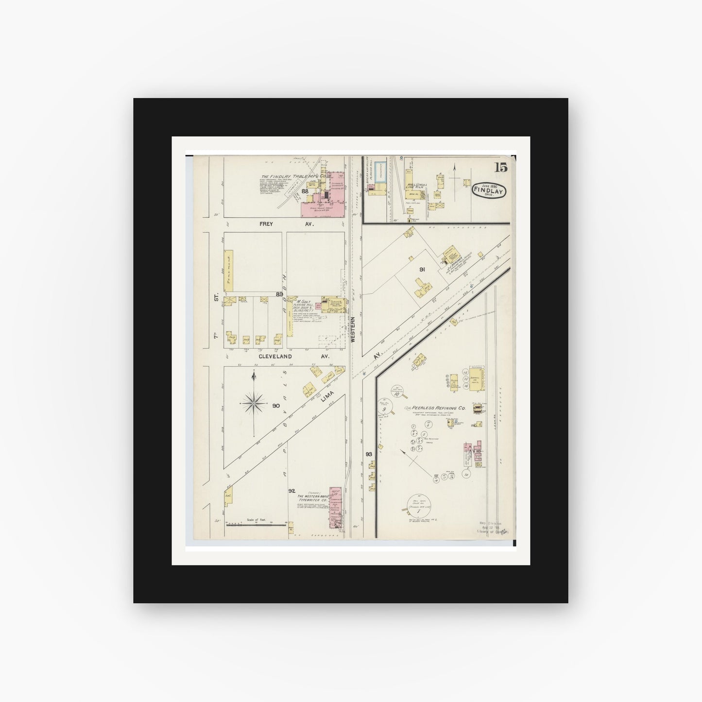 Old map wall art mockup — black gallery frame with white mat — Sanborn Fire Insurance Map from Findlay, Hancock County, Ohio (1890), Sheet #0015