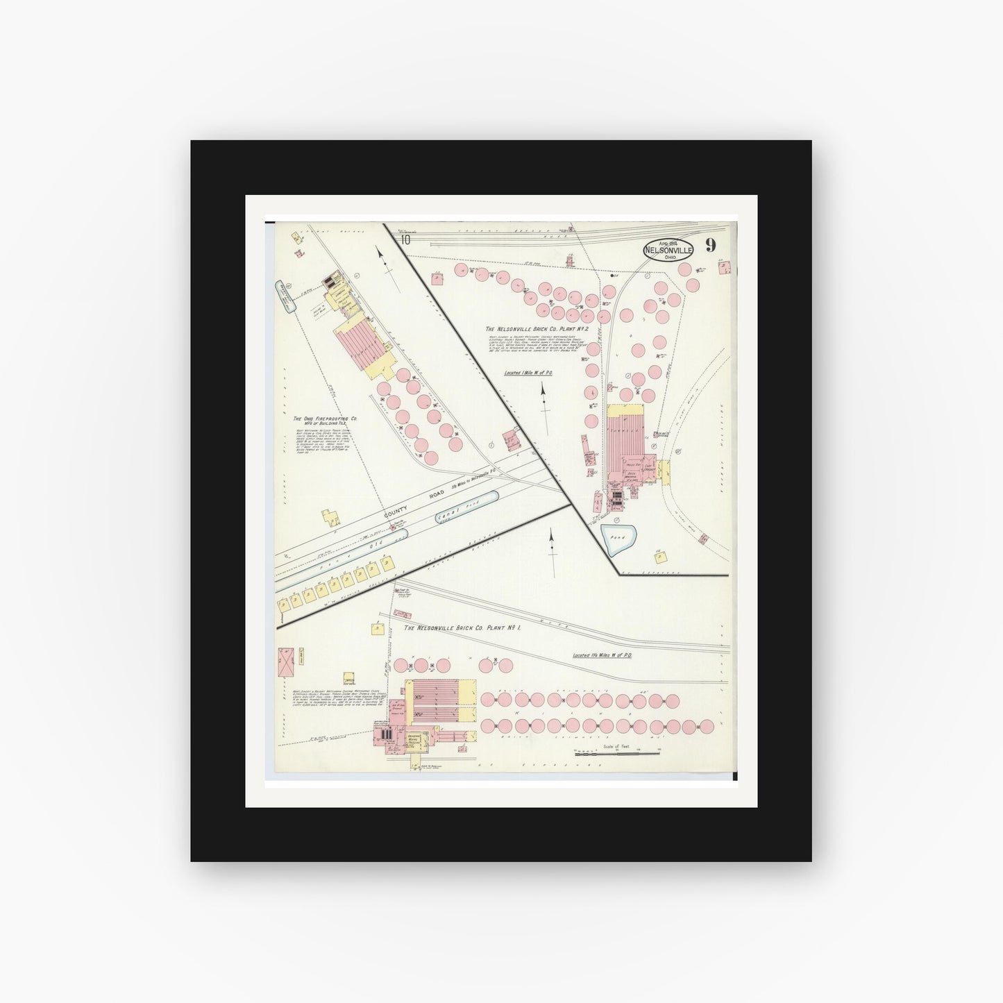 Old map wall art mockup — black gallery frame with white mat — Sanborn Fire Insurance Map from Nelsonville, Athens County, Ohio (1914), Sheet #0009