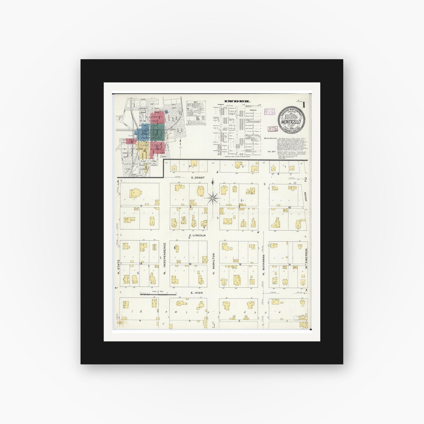 Old map wall art mockup — black gallery frame with white mat — Sanborn Fire Insurance Map from Monticello, Piatt County, Illinois (1909) - Complete Map Set