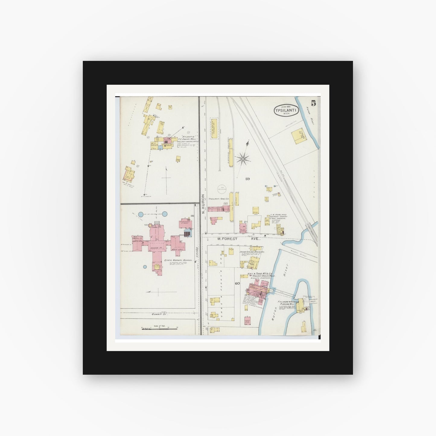 Old map wall art mockup — black gallery frame with white mat — Sanborn Fire Insurance Map from Ypsilanti, Washtenaw County, Michigan (1893), Sheet #0005