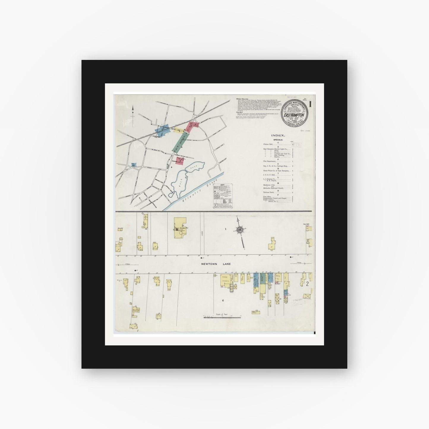 Old map wall art mockup — black gallery frame with white mat — Sanborn Fire Insurance Map from Easthampton, Suffolk County, New York (1909) - Complete Map Set