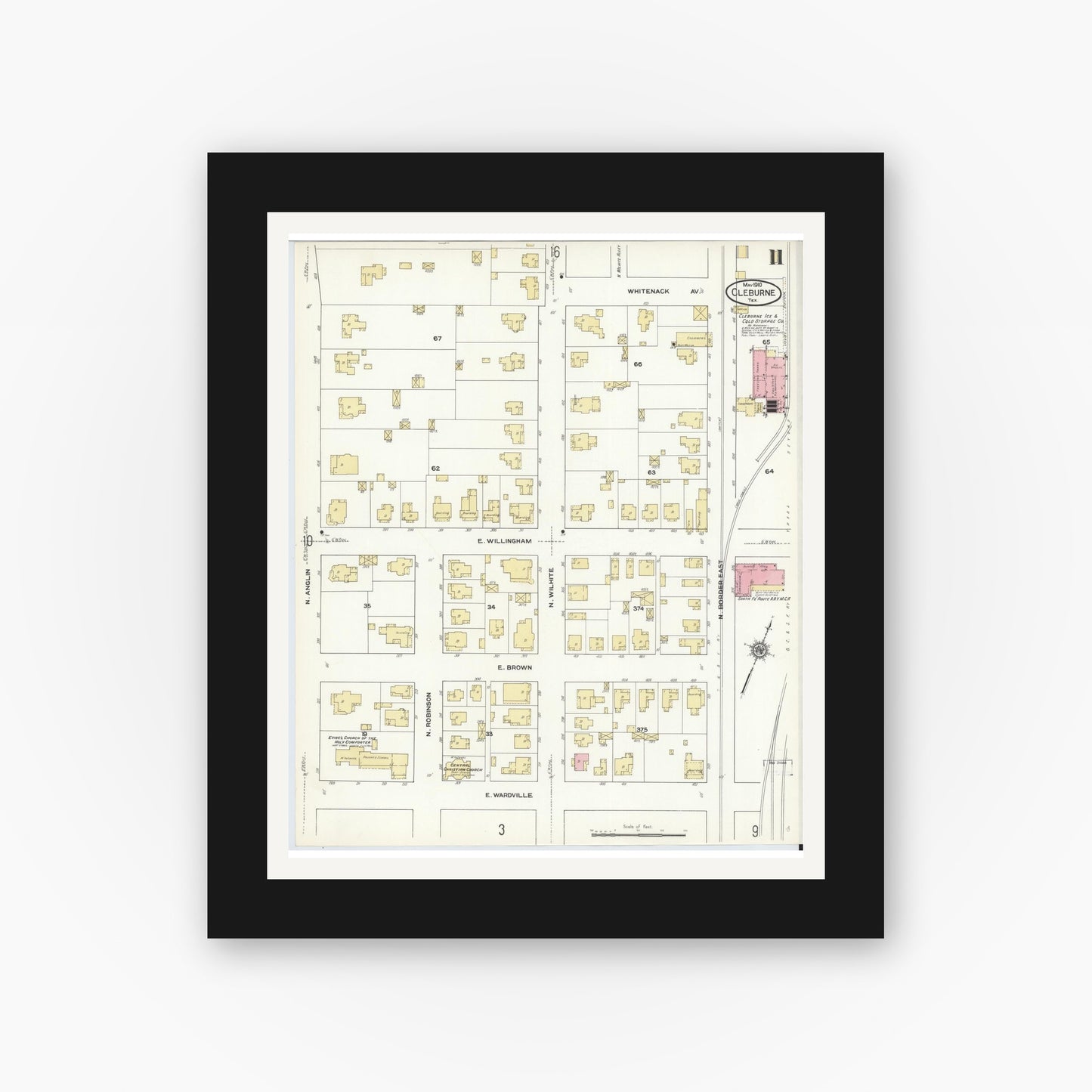 Old map wall art mockup — black gallery frame with white mat — Sanborn Fire Insurance Map from Cleburne, Johnson County, Texas (1910), Sheet #0011