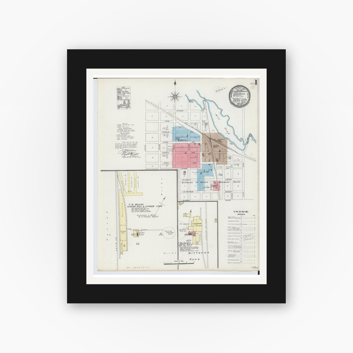 Old map wall art mockup — black gallery frame with white mat — Sanborn Fire Insurance Map from Reed City, Osceola County, Michigan (1890), Sheet #0001