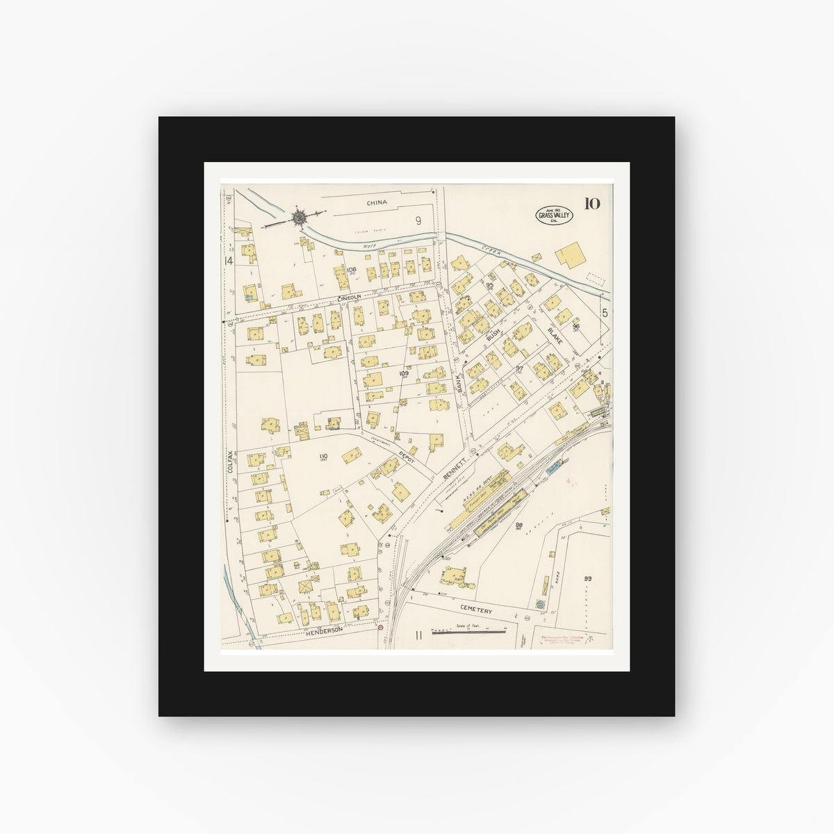 Old map wall art mockup — black gallery frame with white mat — Sanborn Fire Insurance Map from Grass Valley, Nevada County, California (1912), Sheet #0010