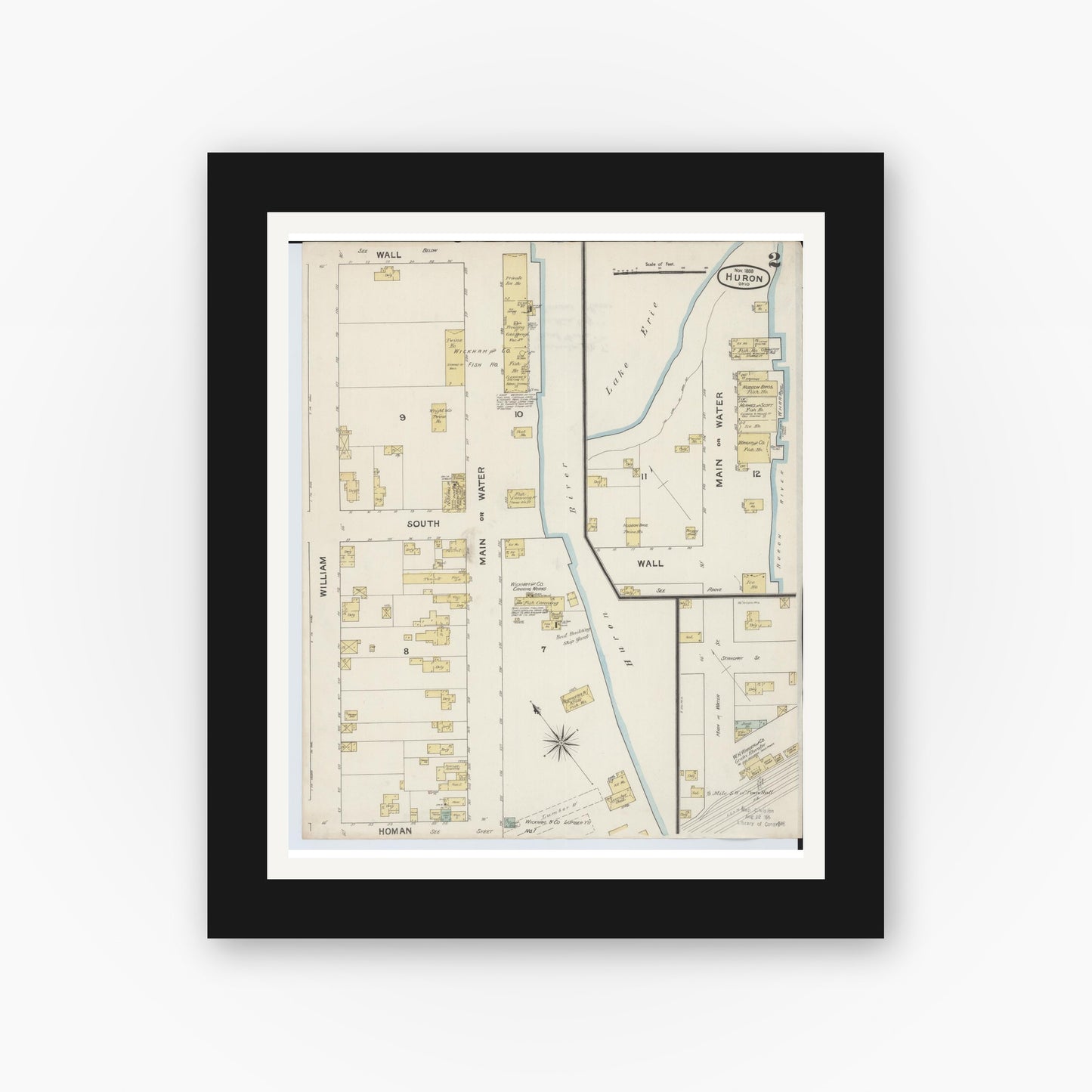 Old map wall art mockup — black gallery frame with white mat — Sanborn Fire Insurance Map from Huron, Erie County, Ohio (1888), Sheet #0002