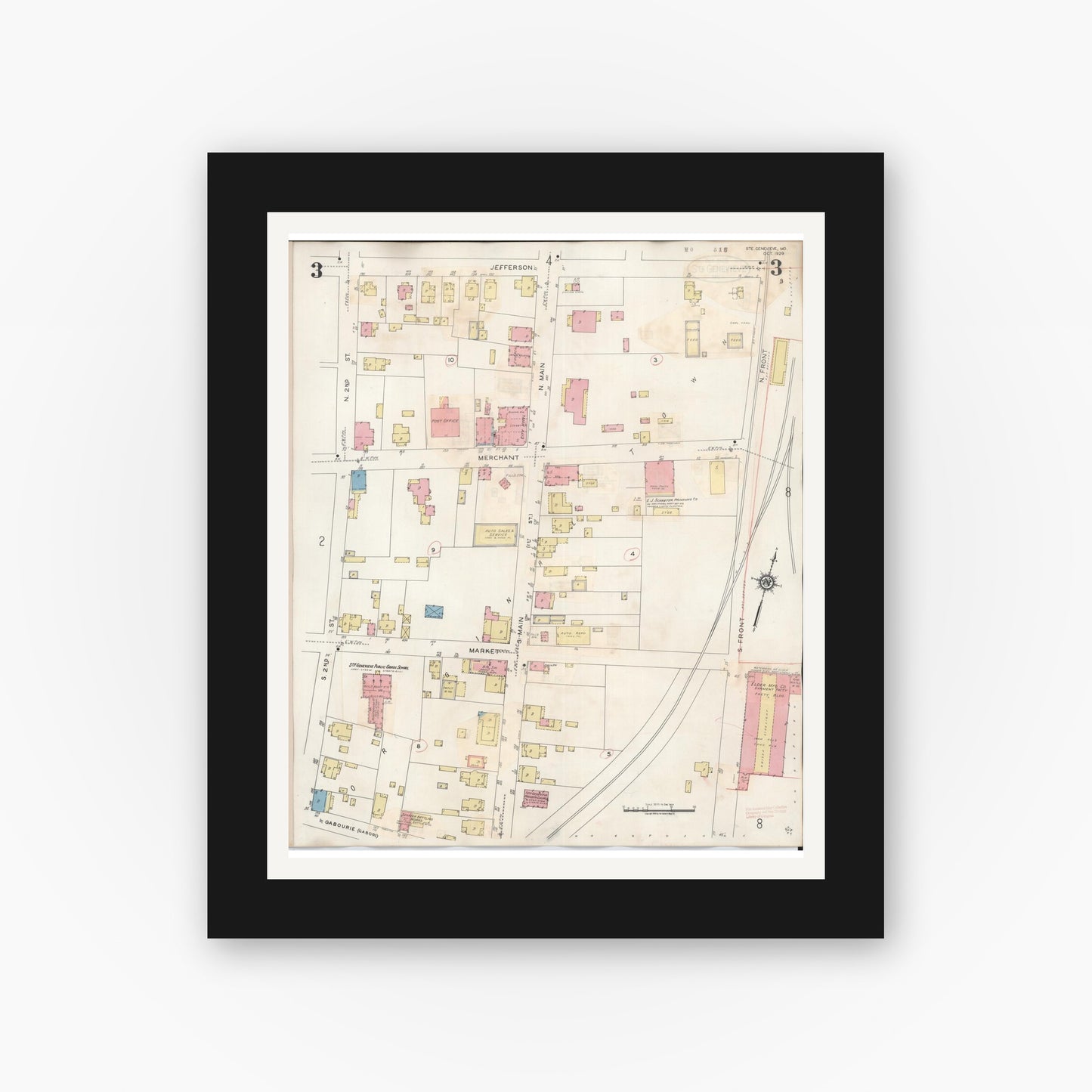 Old map wall art mockup — black gallery frame with white mat — Sanborn Fire Insurance Map from Sainte Genevieve, Saint Genevieve County, Missouri (1945), Sheet #0003