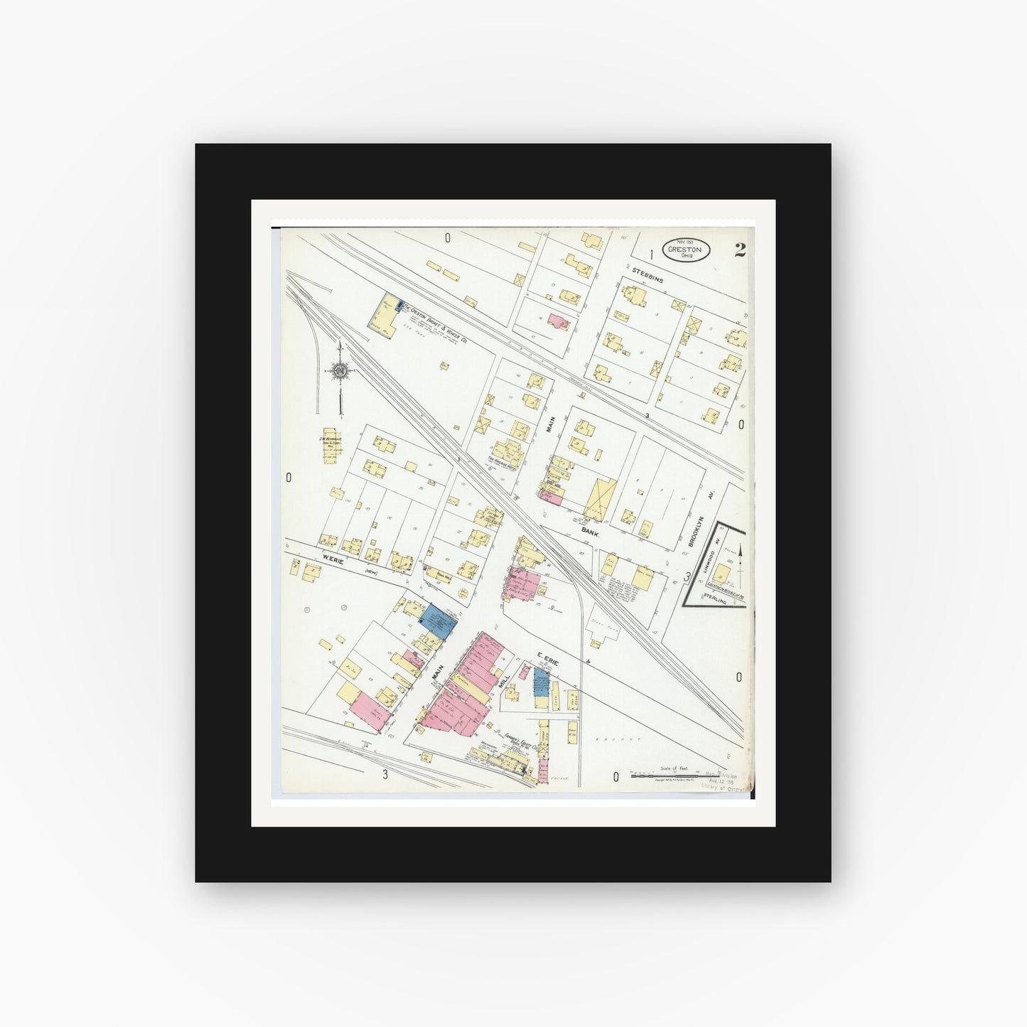 Old map wall art mockup — black gallery frame with white mat — Sanborn Fire Insurance Map from Creston, Wayne County, Ohio (1921), Sheet #0002
