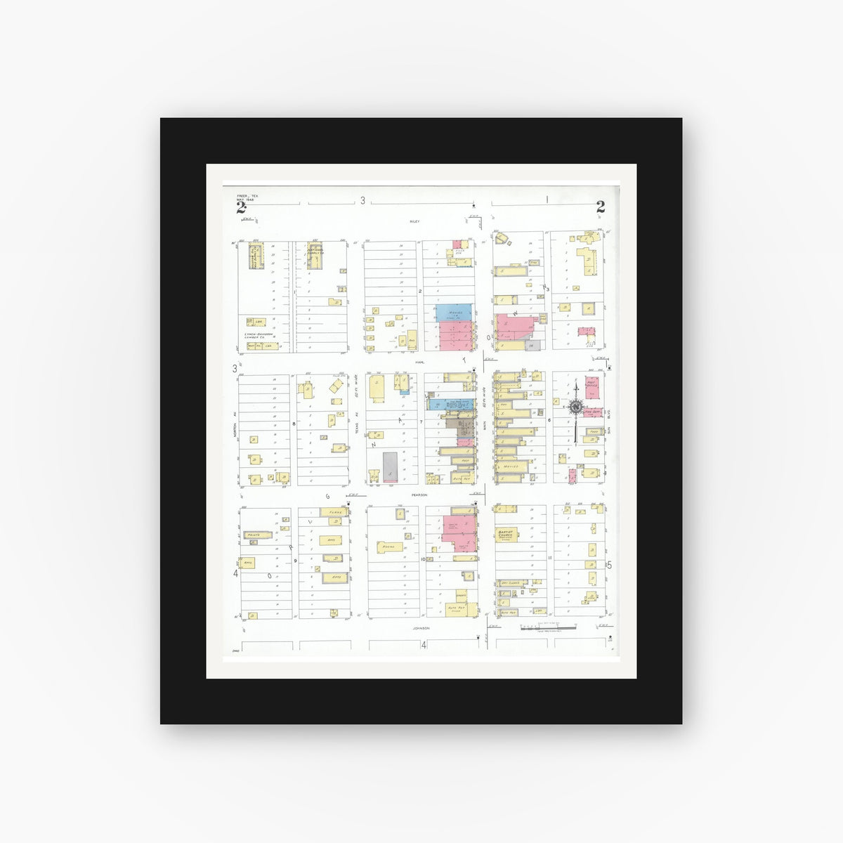 Old map wall art mockup — black gallery frame with white mat — Sanborn Fire Insurance Map from Freer, Duval County, Texas (1948), Sheet #0002