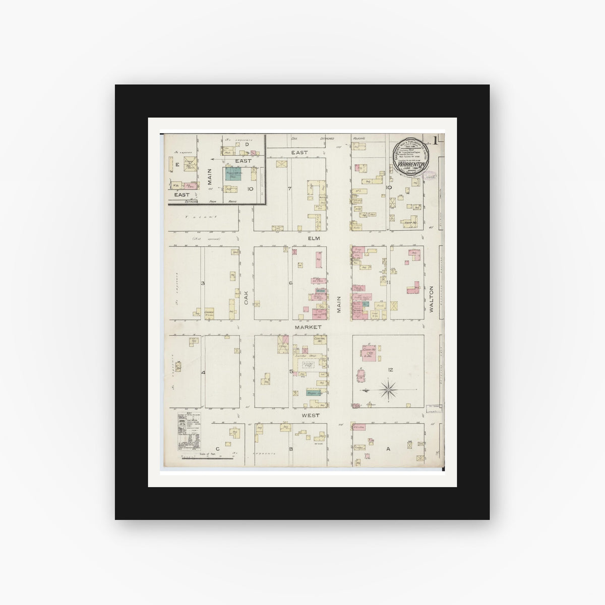 Old map wall art mockup — black gallery frame with white mat — Sanborn Fire Insurance Map from Warrenton, Warren County, Missouri (1886), Sheet #0001